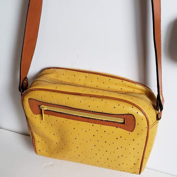 Leather VINTAGE ITALIAN Bag 80s Retro Crossbody Boxy Mustard Yellow Tan Brown - Picture 2 of 16